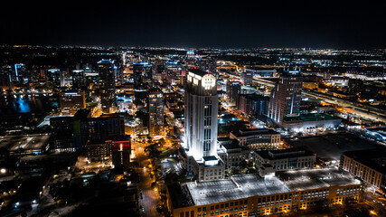 Night aerial view over downtown Orlando, FL.