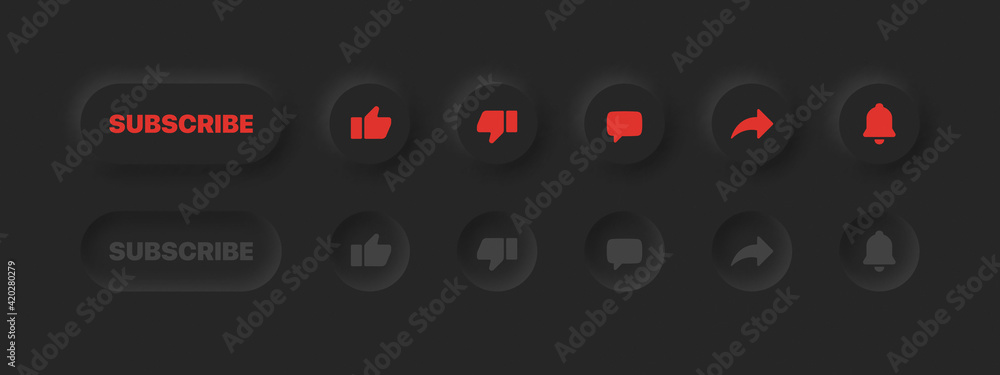 Poster neumorphic ui ux design elements 3d vector youtube buttons like dislike comment share notifications 