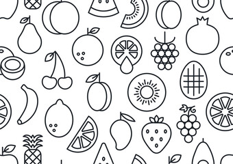 Vector seamless pattern, endless texture with fruits. Set of isolated linear icons. Contour, shape, outline. Healthy food and vitamins