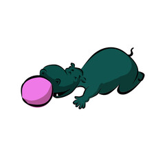 A funny hippo crawls on his stomach to the ball. Isolated vector drawing of a hippopotamus.