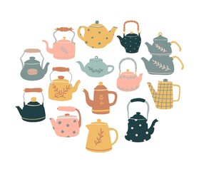 Set of cute hand drawn cartoon kettles for stickers, prints, clip art, signs, cards, posters, etc. 