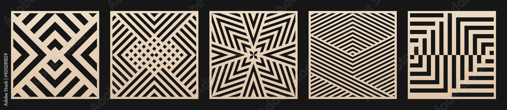 Poster Laser cut patterns set. Vector collection of square cutting templates with abstract geometric ornament, lines, stripes. Decorative stencil for laser cut of wood, metal, plastic. Aspect ratio 1:1