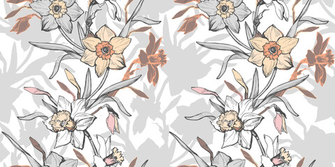 Botanical seamless pattern with hand drawn flowers daffodils, narcissus. Pastel floral elements on light background. Elegant design for textile, fabric, wallpaper, packaging. Vector Illustration.