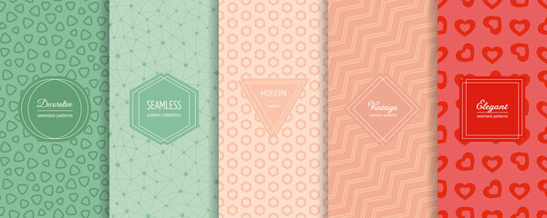 Vector geometric seamless patterns collection. Set of bright colorful background swatches with elegant minimal labels. Cute abstract ornament textures. Modern design. Green, pink, powdery, red color