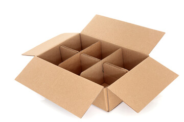 Cardboard box with six compartments for packaging for delivery on white background.