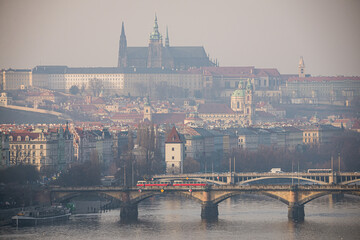 View on Prague Castle of Vysehrad area in Winter inversion