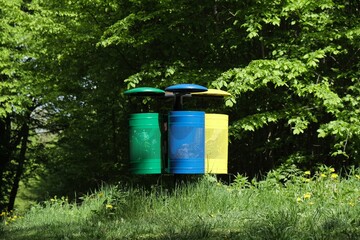 Colorful round metal bins for segregating rubbish on a forest road on a summer day