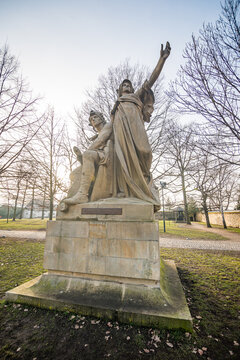 Prague, Czech republic - February 24, 2021. Historic statues of legends in Vysehrad park - Premysl a Libuse