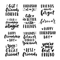 Happy Friendship Day cute hand lettering big set. Best friends forever. Greeting card typography template. Modern calligraphy design elements, quotes, friend phrase.