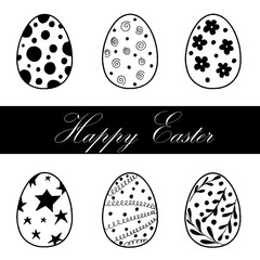 Easter eggs Hand drawn decorative elements in vector for coloring book. Black and white. Doodle vector illustration in cute zenart style. Element for greeting cards, posters, stickers and seasonal