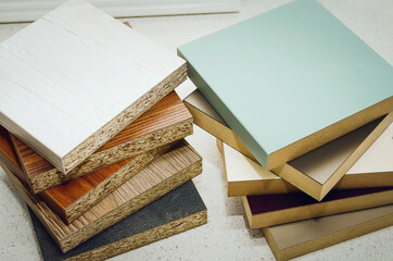 Samples of laminated board and MDF. construction or furniture finishing design concept
