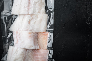 Raw haddock fish skinless, plastic vacuum packaged, top view with copy space for text