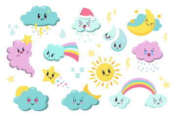 Cute kawaii weather icons. Clouds, rain, sun, stars, lightning, rainbow. Japanese cartoon manga style. Funny anime characters. Trendy vector illustration. Every icon is isolated on background EPS