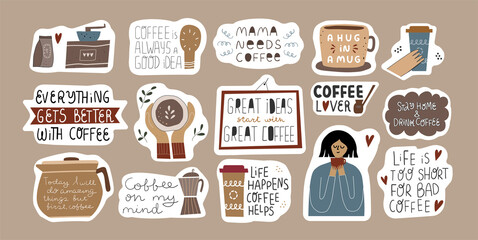 Set of cute funny coffee lover stickers.