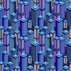 Seamless urban pattern. Isometric view. Purple neon colors. Night city lights. Modern trendy background design. Vector illustration. EPS
