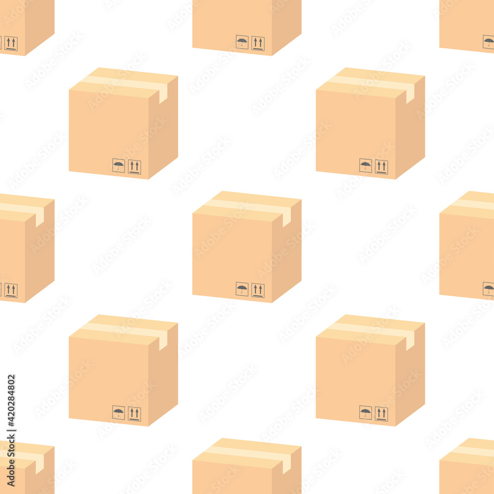 Poster a seamless pattern with postal parceles in a boxes with a delivery address and envelopes. mail deliv