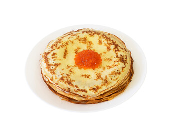 The stack of traditional russian pancakes with red caviar isolated in white background.
