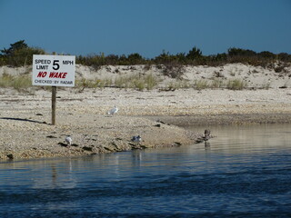Boating warning sign and beach