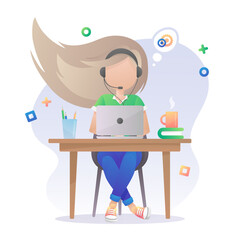 Girl in headset, headphones with microphone, laptop, notebook,  pens and cup of coffee on a table. Call center. Vector illustration isolated on white background.