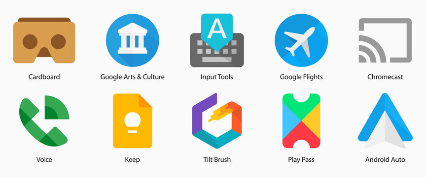 Google LLC. Apps from Google. Cardboard, Google Arts&Culture, Input Tools, Google Flights, Chromecast, Google Voice, Google Keep, Tilt Brush, Play Pass, Android Auto. Kyiv, Ukraine - March 14, 2021
