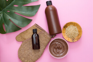 spa procedures. Chocolate body wrap. Organic, natural cosmetics.  Pink background