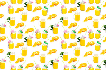 Seamless Pattern Orange juice and green leaves isolated on a white background.A glass of orange juice. Healthy food. Vegan food