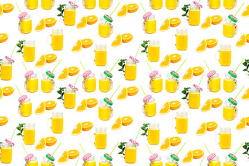 Seamless Pattern Orange juice and green leaves isolated on a white background.A glass of orange juice. Healthy food. Vegan food