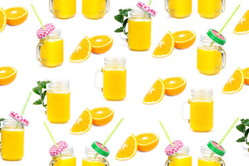 Seamless Pattern Orange juice and green leaves isolated on a white background.A glass of orange juice. Healthy food. Vegan food