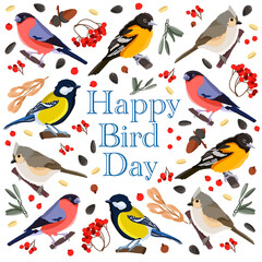 A postcard, a poster for the Day of Birds: a lot of colorful little birds and food for them: various seeds, berries, plants.