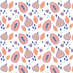 Summer tropical seamless pattern with papaya and figs. Textured fruit endless design for fabric, wrap paper or wallpaper. Exotic fruit pattern in hand-drawn style