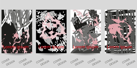Abstract universal art backgrounds set. Gray, pink, black and white hand drawn scribbles promotional backgrounds . For printing on covers, banners, sales, flyers. Modern design. Vector. EPS10