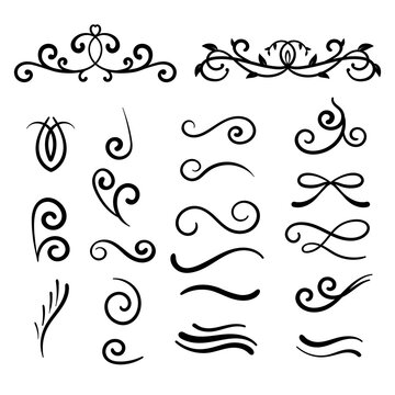 Swirling flourishes decorative elements. Simple swirls isolated on white background. Text dividers.
