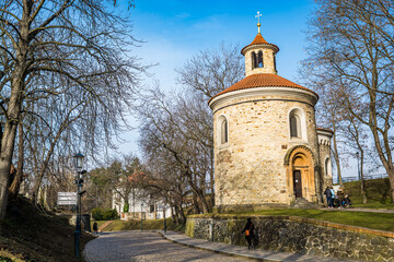 Prague, Czech republic - February 24, 2021. Rotonda of St. Martin in Vysehrad fortress area in...