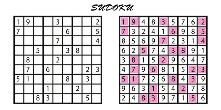 Sudoku is a number puzzle. Vector logic game with answers.
