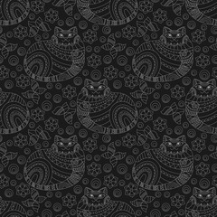 Seamless pattern with contour cats and flowers in stained glass style, light outline cats on a dark background