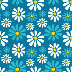 Decorative vector seamless floral pattern with hand drawn white and blue daisy flowers on blue green background. Retro style flat design for fabric textile, wallpaper, wrapping paper, package, covers.