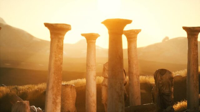 old greek temple ruins at sunset