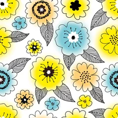Abwaschbare Fototapete Seamless cute floral pattern with hand drawn various colorful gradient yellow, blue and orange spring flowers with black leaves on white background. Vintage vector design for fabric, wrapping paper © Kristyna