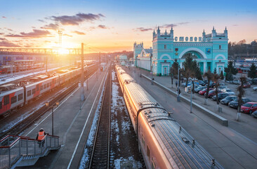 Fototapeta na wymiar Railway station and trains on tracks in Smolensk