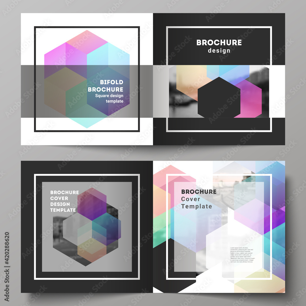 Poster vector layout of two covers templates with colorful hexagons, geometric shapes, tech background for 