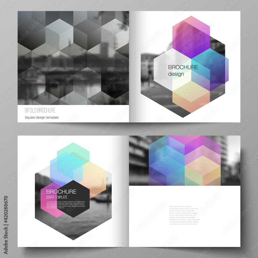Poster vector layout of two covers templates with abstract shapes and colors for square design bifold broch