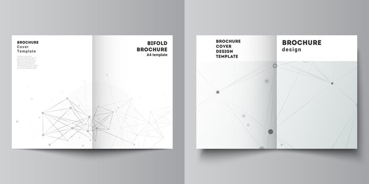 Vector layout of two A4 cover mockups templates for bifold brochure, flyer, magazine, cover design, book design. Gray technology background with connecting lines and dots. Network concept.