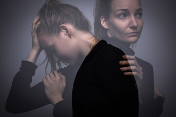 Depressed mid-aged woman at home feeling sad, lonely, anxious (color toned image, double exposure...