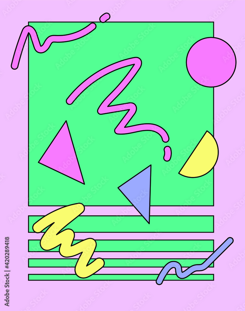 Poster neo-memphis abstract background with geometric shapes.