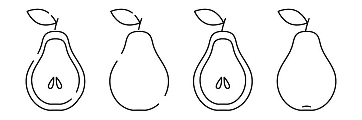 Pear. Minimalistic simple fruit element. Outline, line, doodle style. Sliced pears with seeds. Isolated on a white background. Vector illustration.