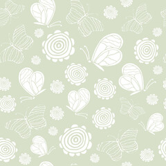 seamless pattern with white butterflies and flowers