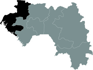 Black highlighted location map of the Guinean Boké region inside gray map of the Republic of Guinea