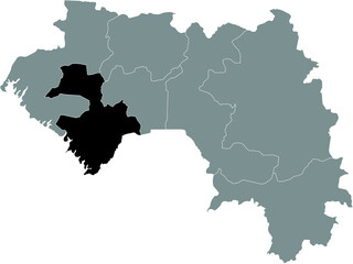 Black highlighted location map of the Guinean Kindia region inside gray map of the Republic of Guinea