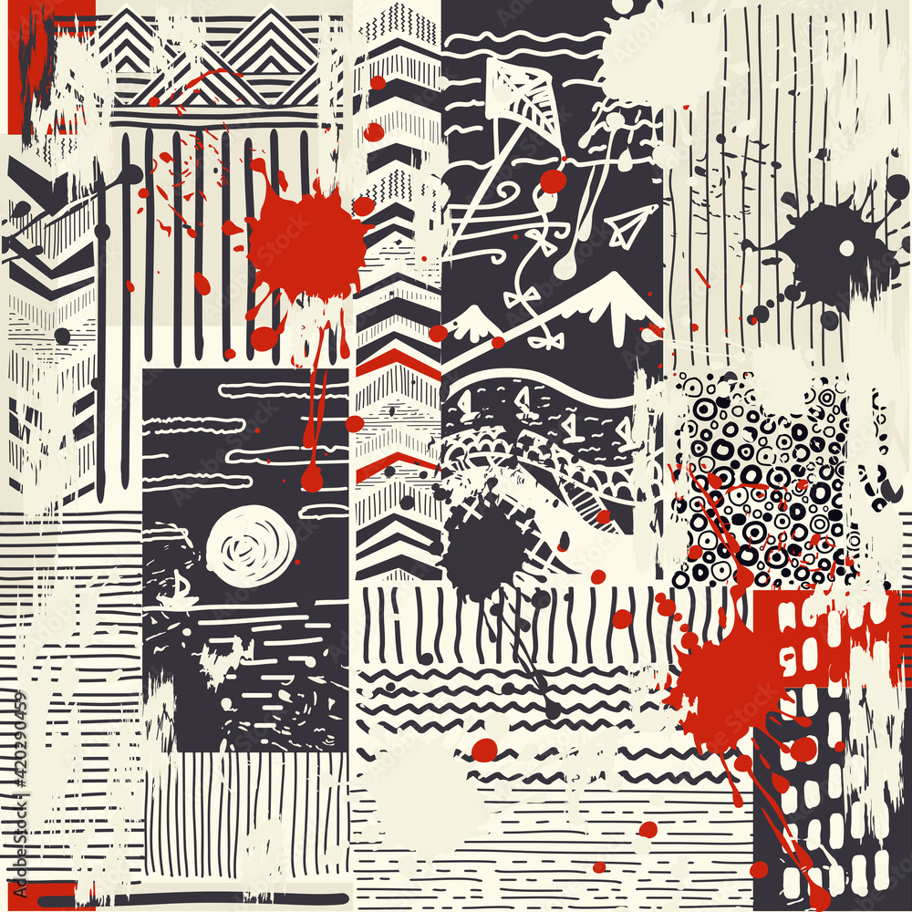 Leinwandbilder seamless patchwork pattern from abstract doodles with blots and an effect of attrition in retro colo