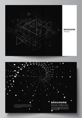 Vector layout of two A4 cover mockups templates for bifold brochure, flyer, cover design, book design. Abstract technology black color science background. Digital data. Minimalist high tech concept.
